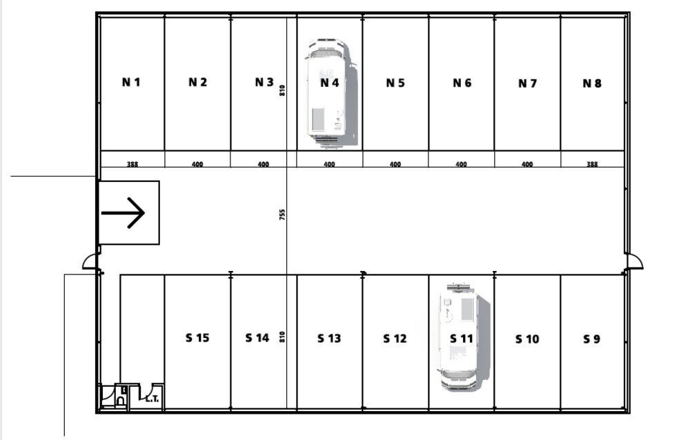 Plan des emplacements (N1–N8 et S9–S15)